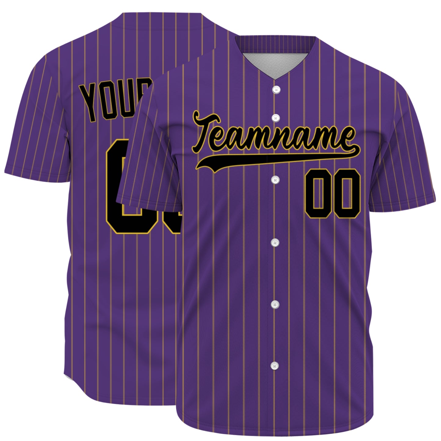 Custom Baseball Jersey - Personalized Purple Shirt with Gold Pinstripes - Full Sublimation