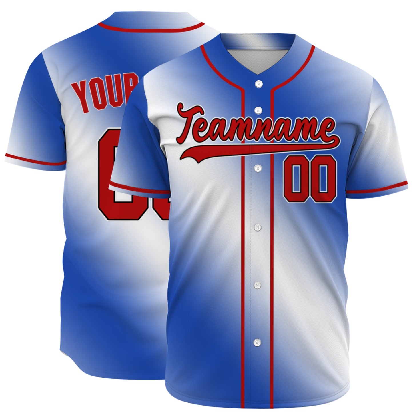 Custom Baseball Jersey - Personalized Blue Gradient Shirt with Red Piping - Full Sublimation