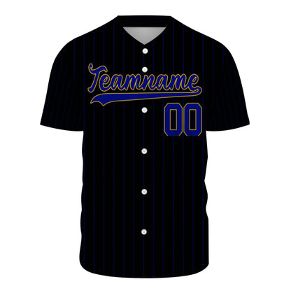 Custom Baseball Jersey - Personalized Black Shirt with Blue Pinstripes & Gold Details - Full Sublimation