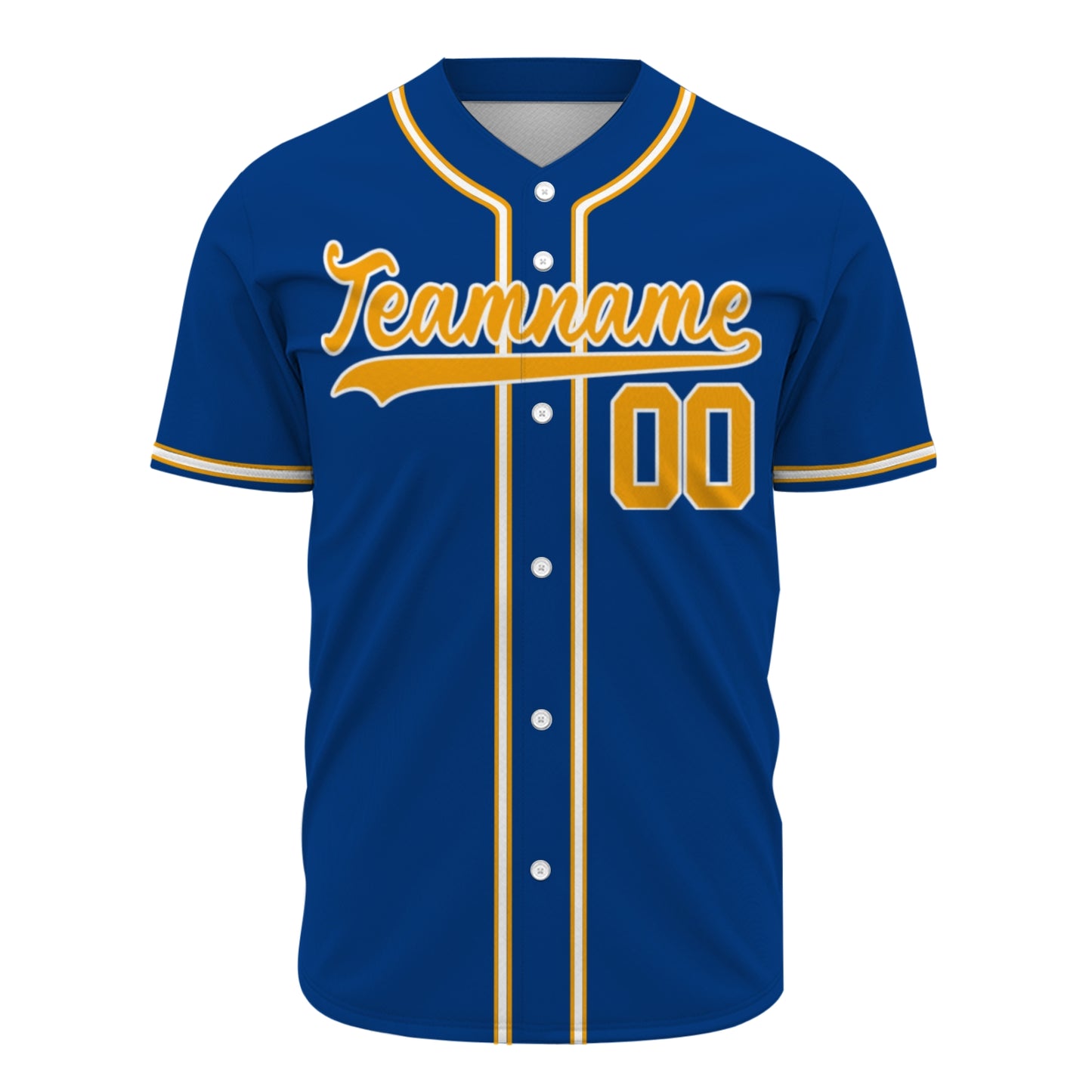 Custom Baseball Jersey - Personalized Royal Blue Shirt with Gold & White Piping - Full Sublimation