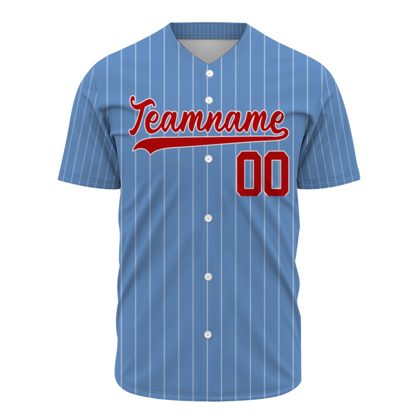 Custom Baseball Jersey - Personalized Powder Blue Shirt with White Pinstripes & Red Graphics