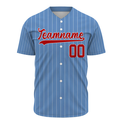 Custom Baseball Jersey - Personalized Powder Blue Shirt with White Pinstripes & Red Graphics