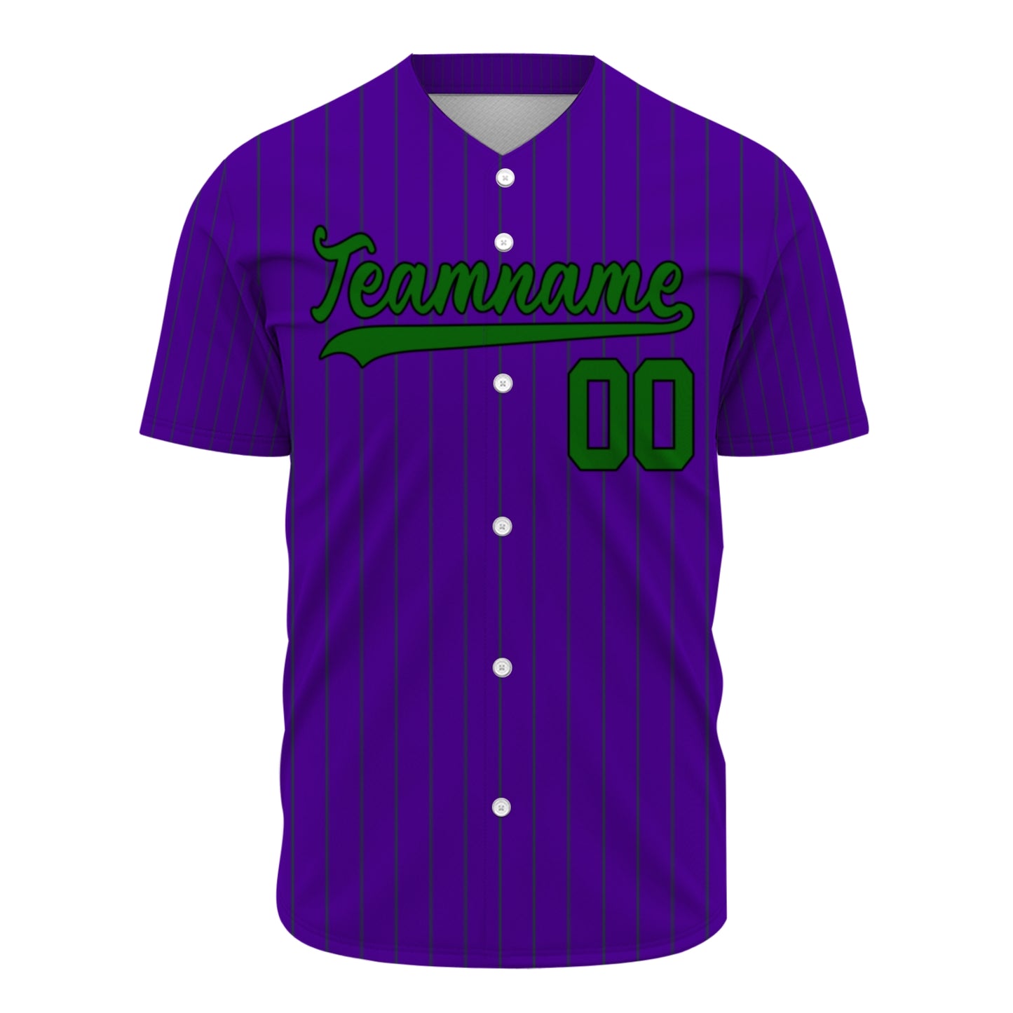 Custom Baseball Jersey - Personalized Purple Shirt with Pinstripes & Green Graphics - Full Sublimation
