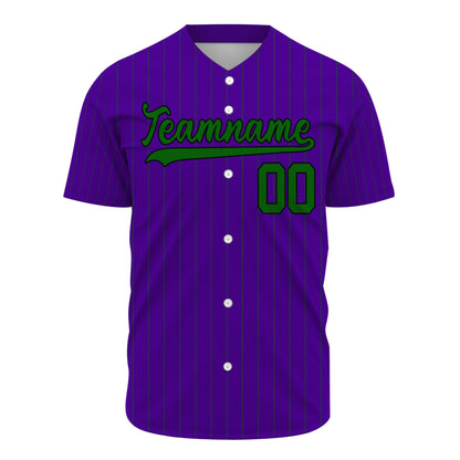 Custom Baseball Jersey - Personalized Purple Shirt with Pinstripes & Green Graphics - Full Sublimation