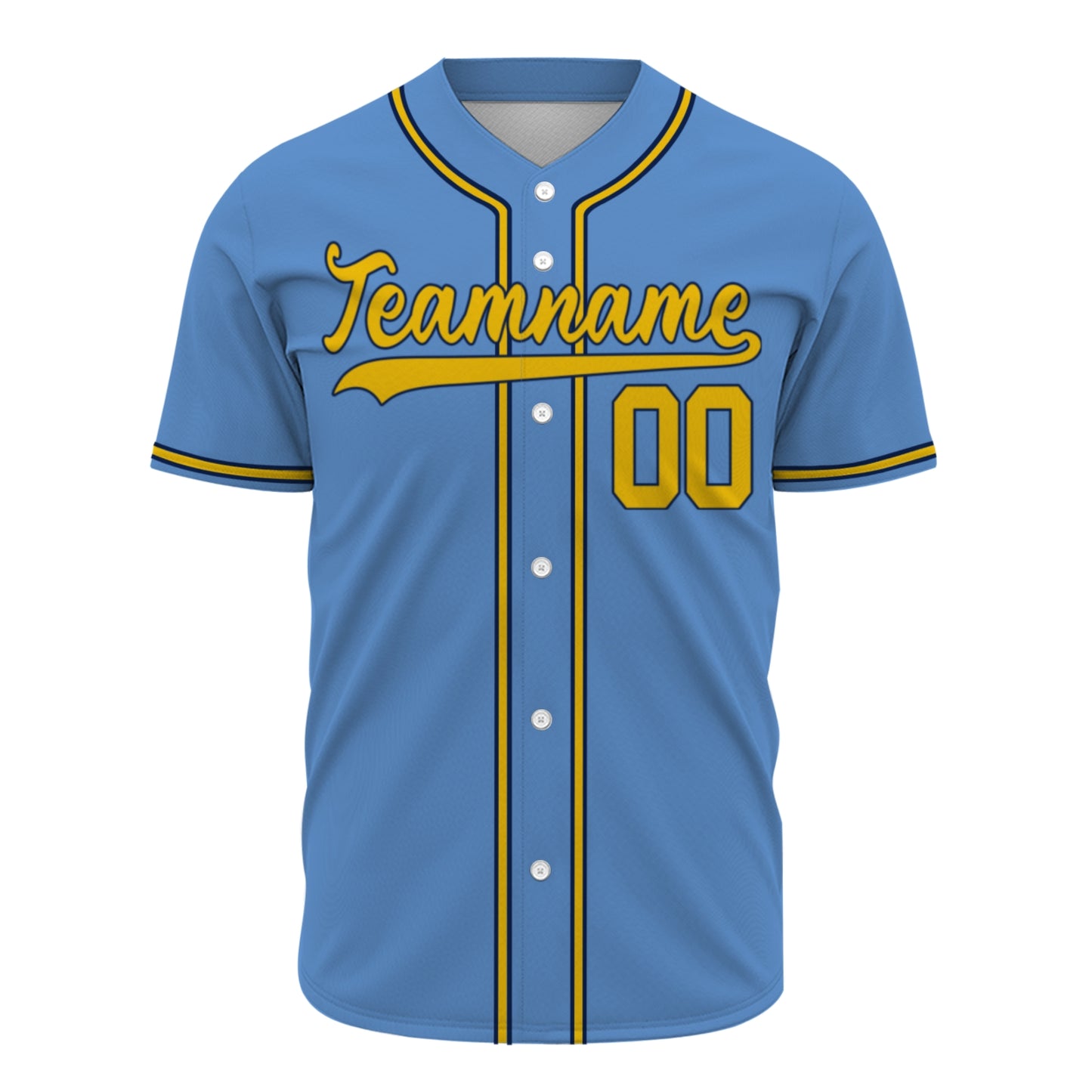 Custom Baseball Jersey - Personalized Sky Blue Shirt with Gold & Navy Piping - Full Sublimation