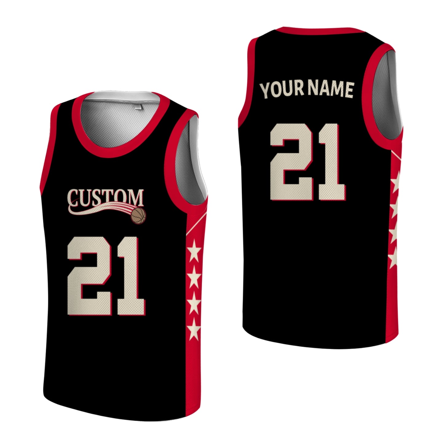 Custom Basketball Jersey - Personalized Black Tank Top with Red Trim & Star Details - Full Sublimation