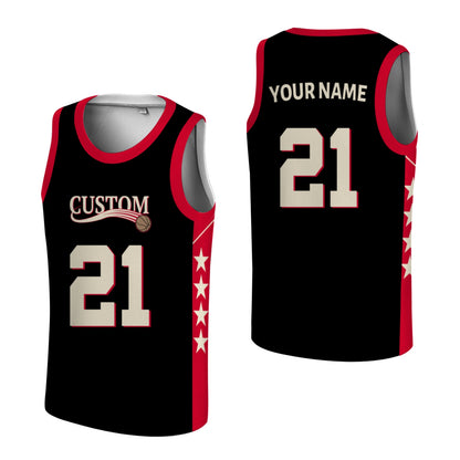 Custom Basketball Jersey - Personalized Black Tank Top with Red Trim & Star Details - Full Sublimation
