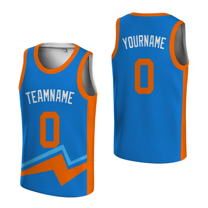 Custom Basketball Jersey - Personalized Blue Tank Top with Orange Bolt Graphic - Full Sublimation