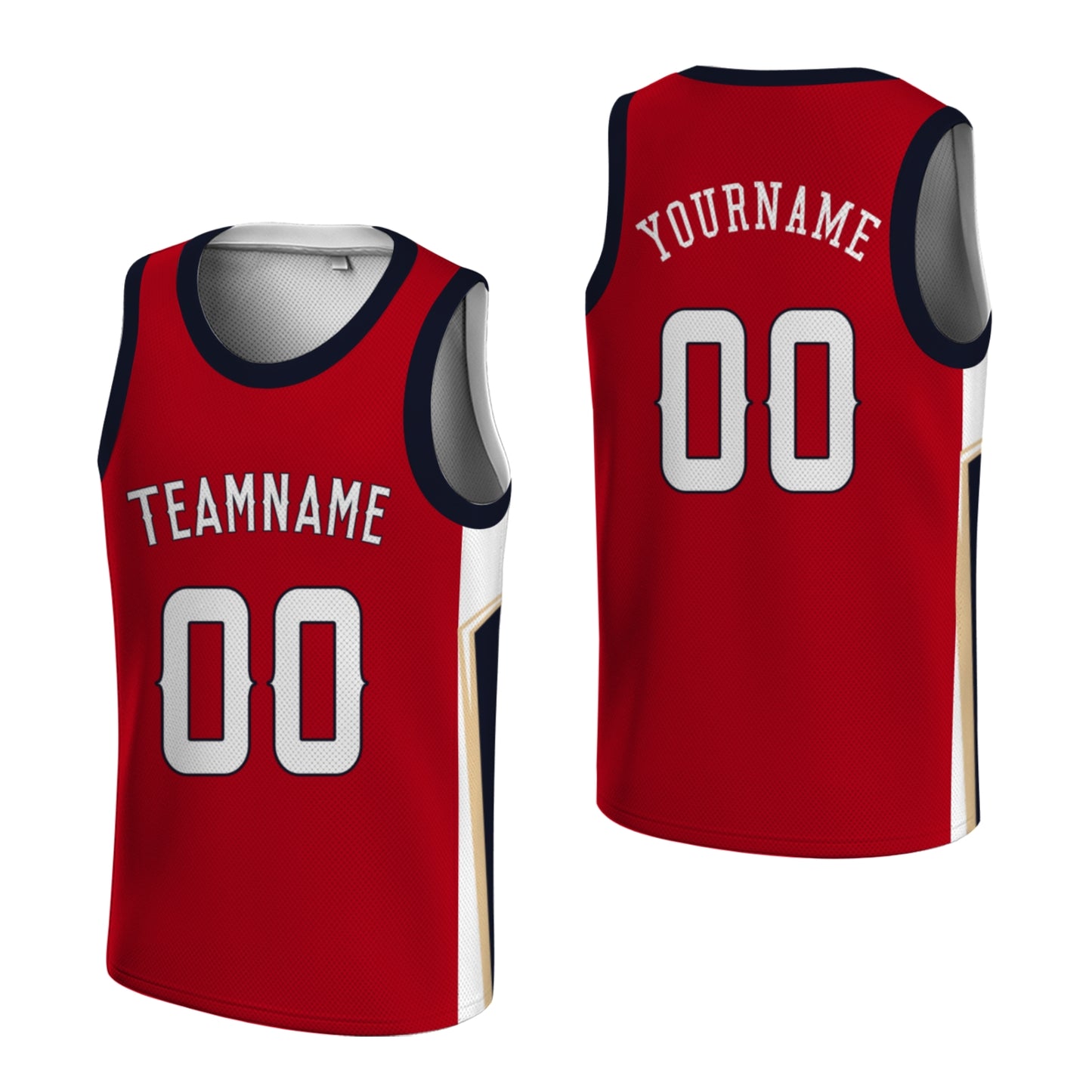 Custom Basketball Jersey - Personalized Red Tank Top with Navy & Gold Trim - Full Sublimation