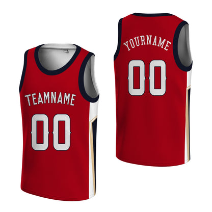 Custom Basketball Jersey - Personalized Red Tank Top with Navy & Gold Trim - Full Sublimation