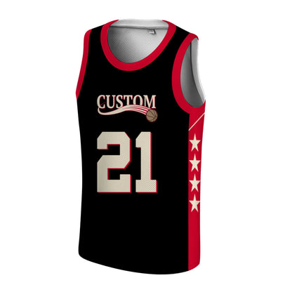Custom Basketball Jersey - Personalized Black Tank Top with Red Trim & Star Details - Full Sublimation