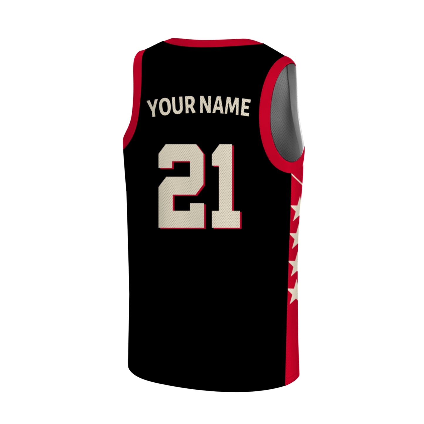 Custom Basketball Jersey - Personalized Black Tank Top with Red Trim & Star Details - Full Sublimation
