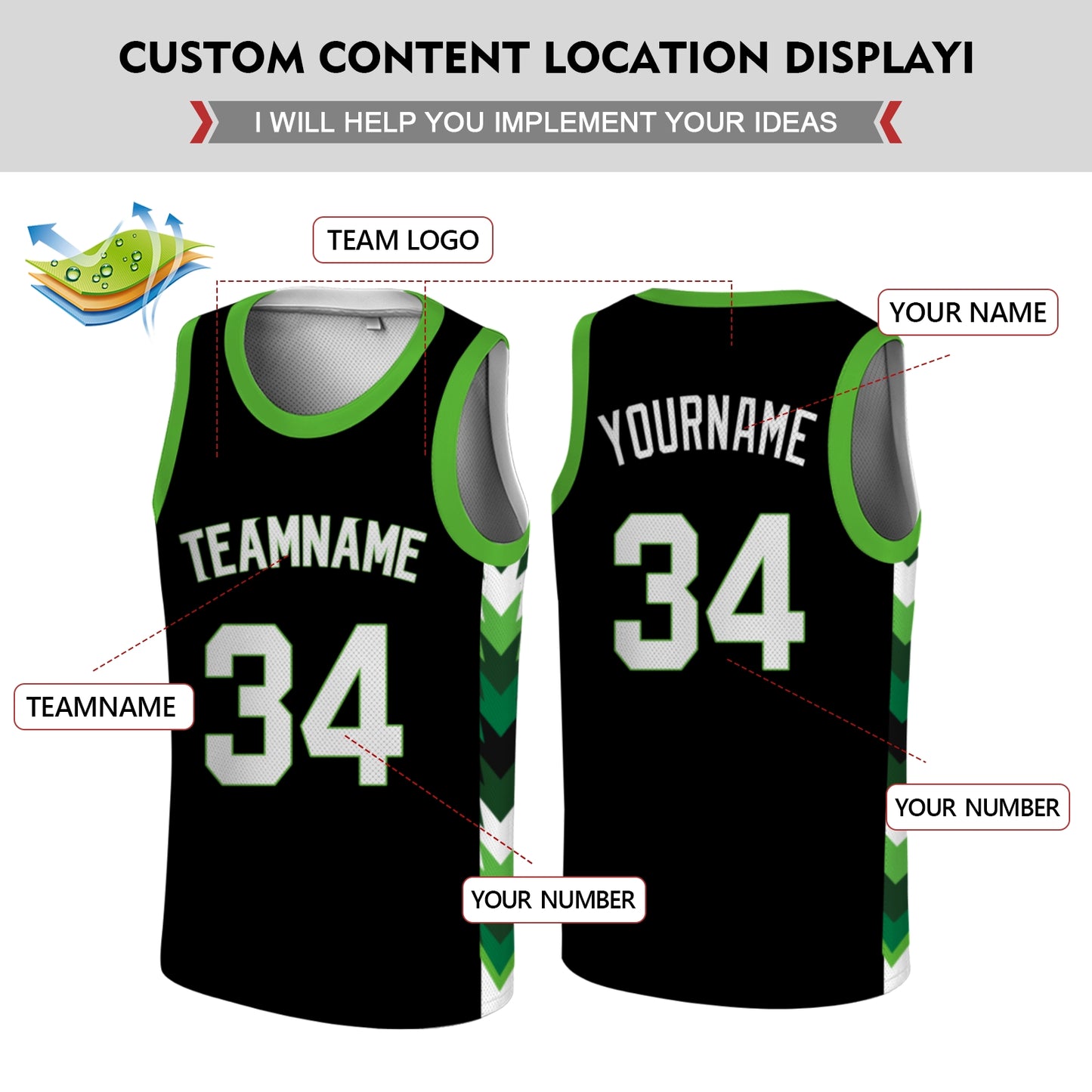 Custom Basketball Jersey - Personalized Black Tank Top with Green Chevron Design - Full Sublimation