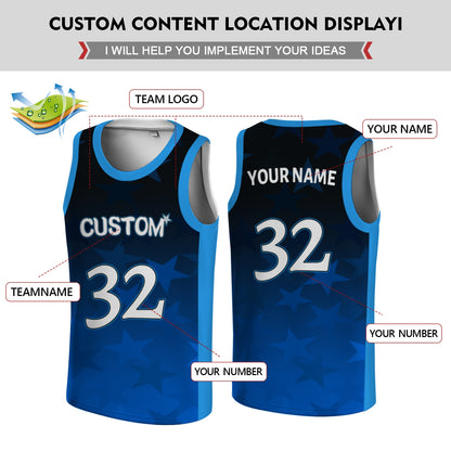 Custom Basketball Jersey - Personalized Blue Gradient Tank Top with Star Print - Full Sublimation