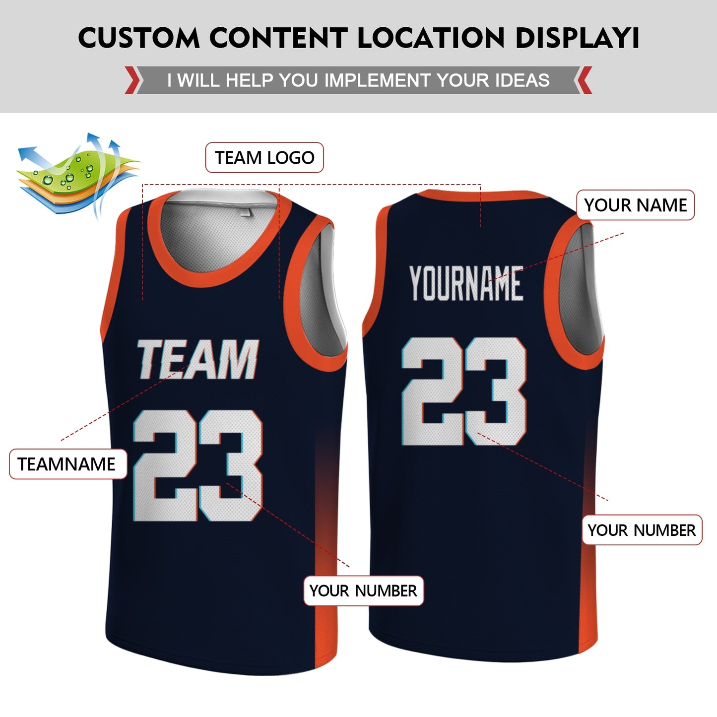 Custom Basketball Jersey - Personalized Navy Blue Tank Top with Orange Gradient - Full Sublimation