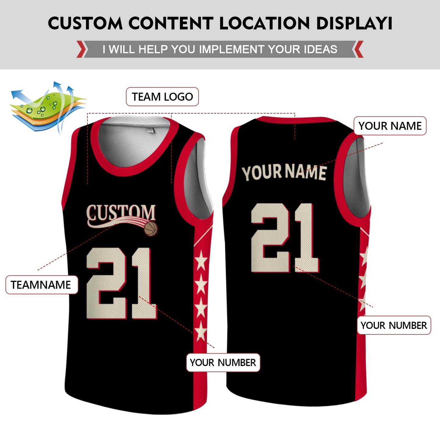 Custom Basketball Jersey - Personalized Black Tank Top with Red Trim & Star Details - Full Sublimation