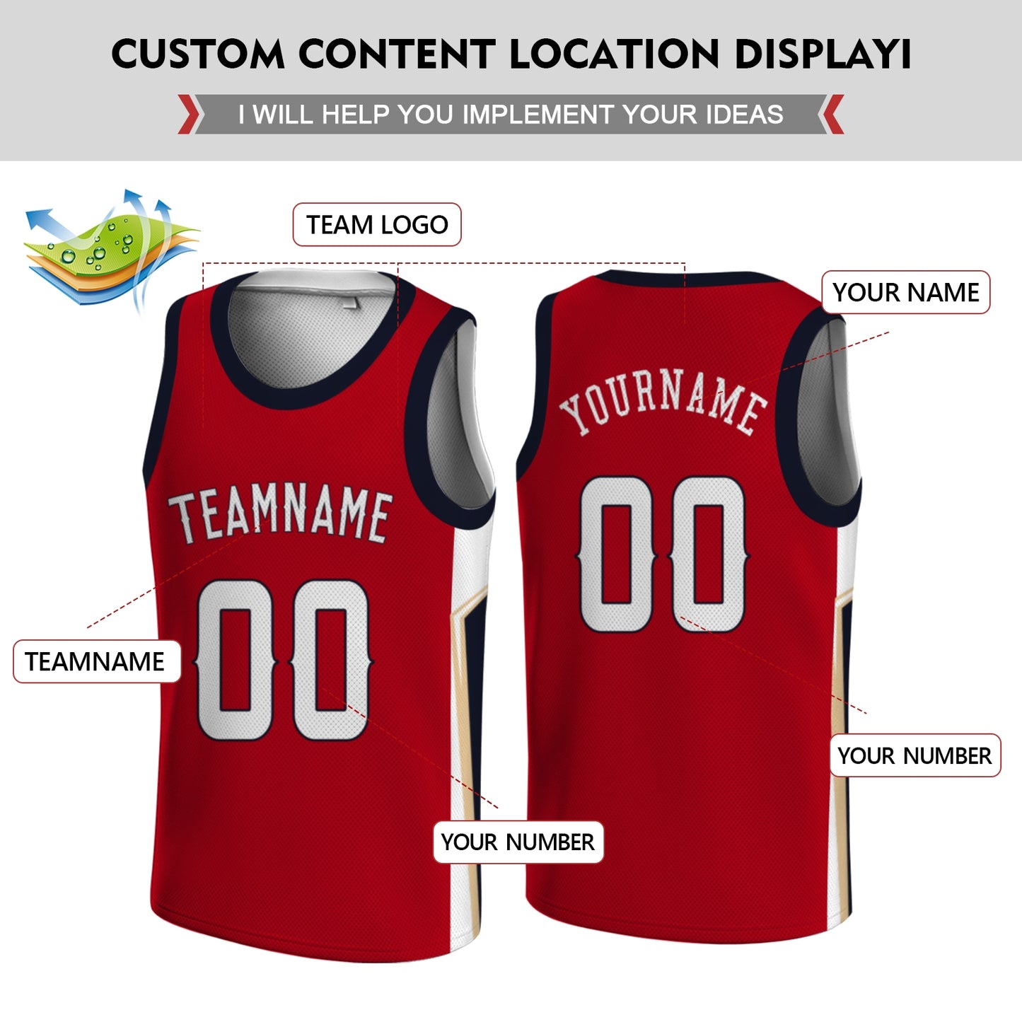Custom Basketball Jersey - Personalized Red Tank Top with Navy & Gold Trim - Full Sublimation