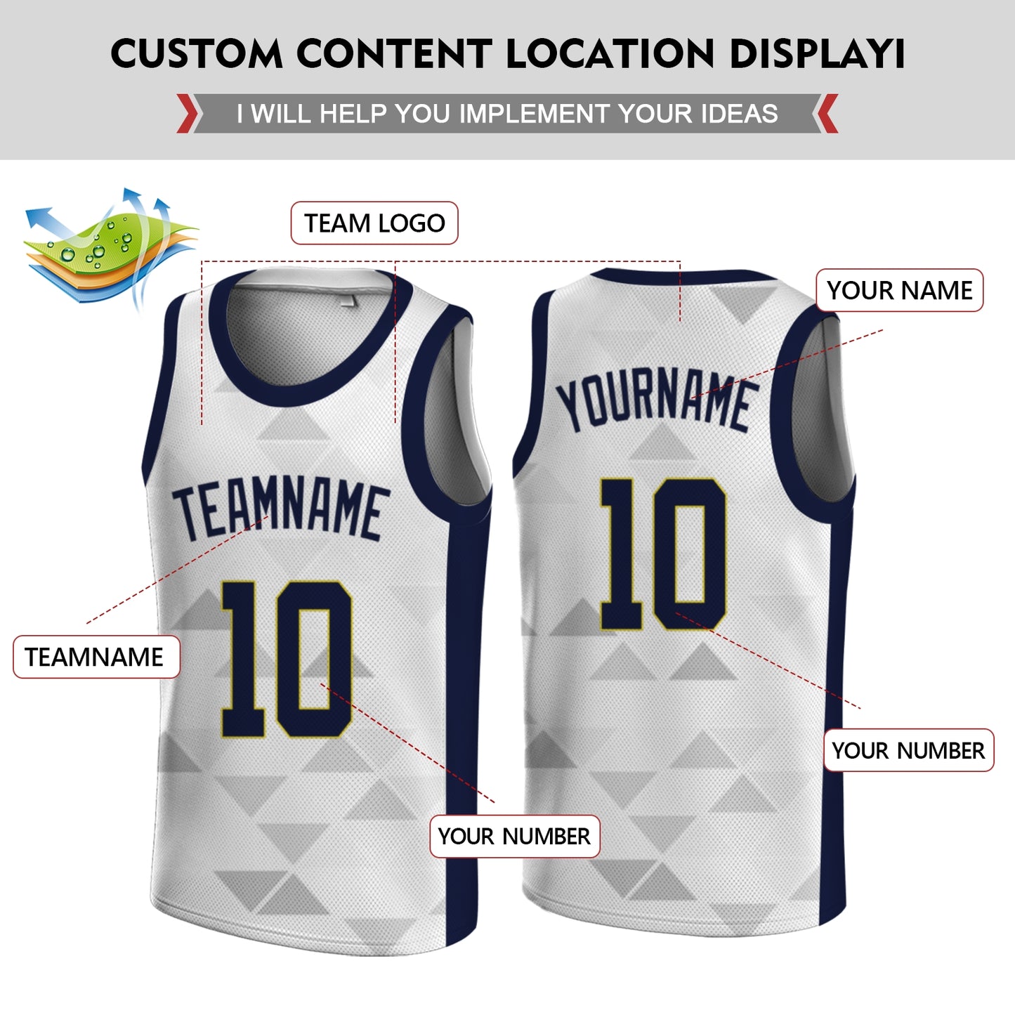 Custom Basketball Jersey - Personalized White Tank Top with Geometric Triangle Pattern - Full Sublimation
