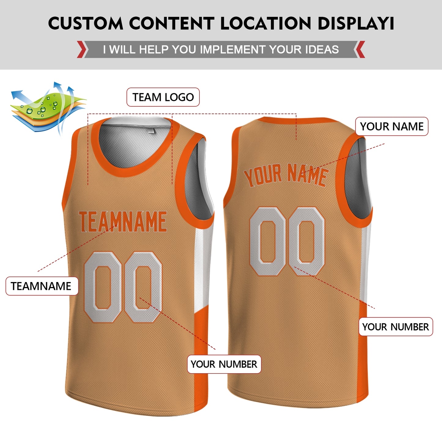 Custom Basketball Jersey - Personalized Tan Tank Top with Orange Trim - Full Sublimation