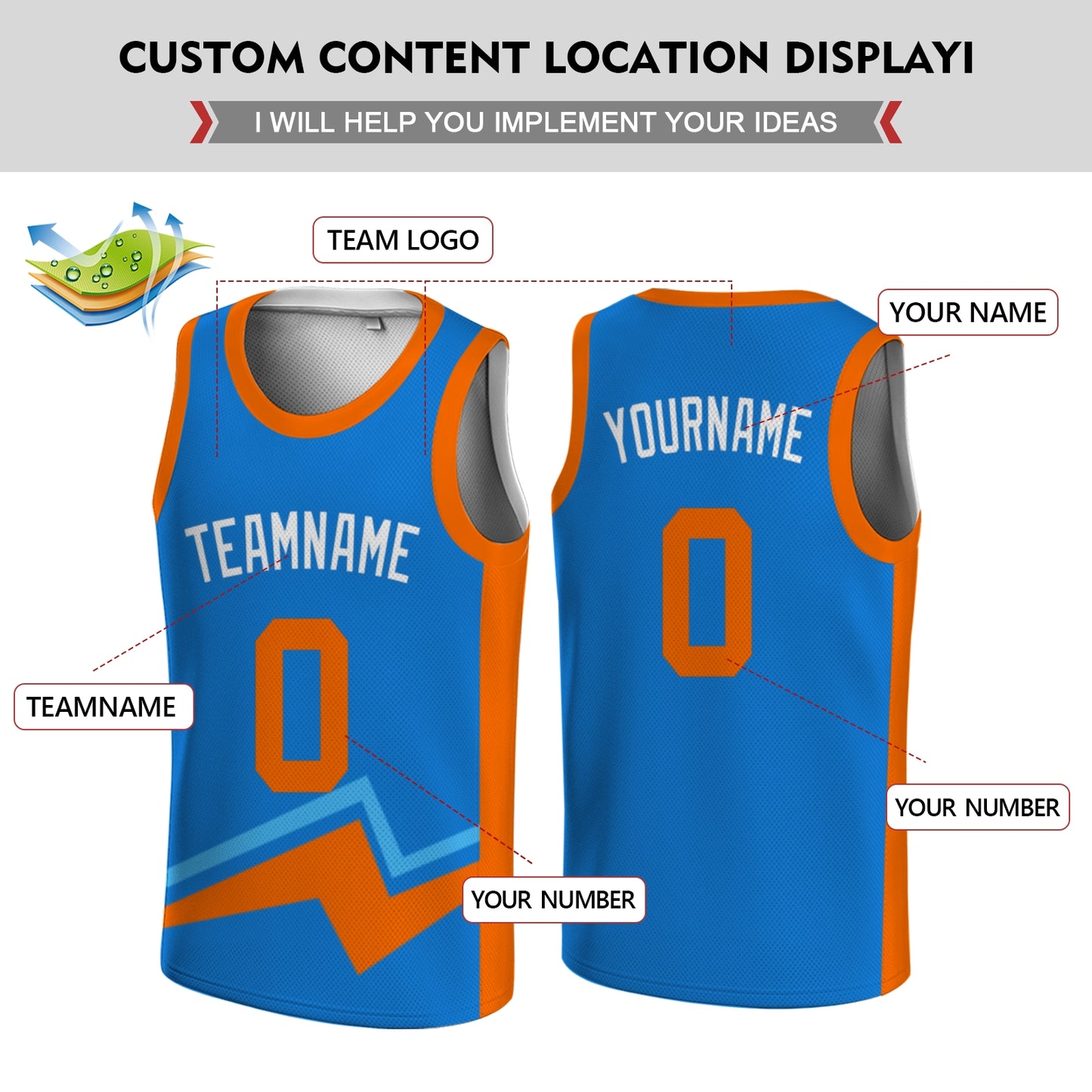 Custom Basketball Jersey - Personalized Blue Tank Top with Orange Bolt Graphic - Full Sublimation