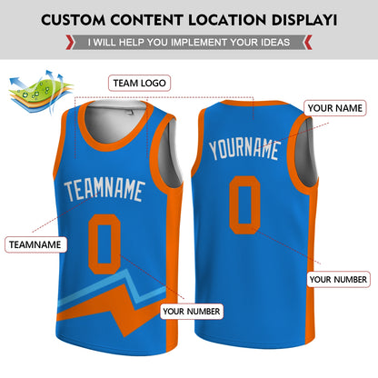 Custom Basketball Jersey - Personalized Blue Tank Top with Orange Bolt Graphic - Full Sublimation