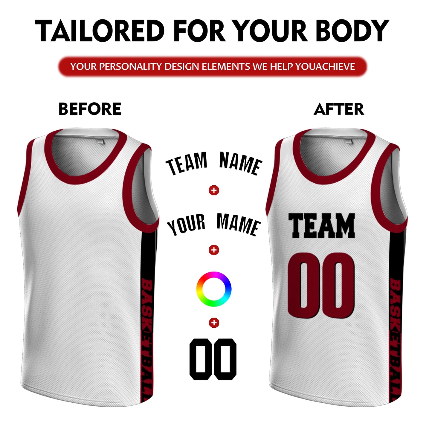 Custom Basketball Jersey - Personalized White Tank Top with Maroon Trim - Full Sublimation