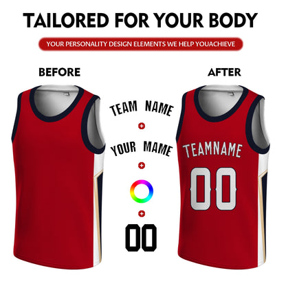 Custom Basketball Jersey - Personalized Red Tank Top with Navy & Gold Trim - Full Sublimation