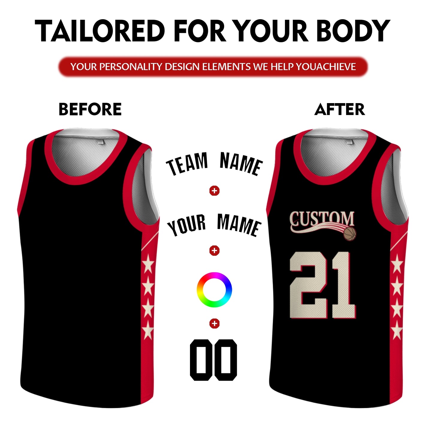 Custom Basketball Jersey - Personalized Black Tank Top with Red Trim & Star Details - Full Sublimation