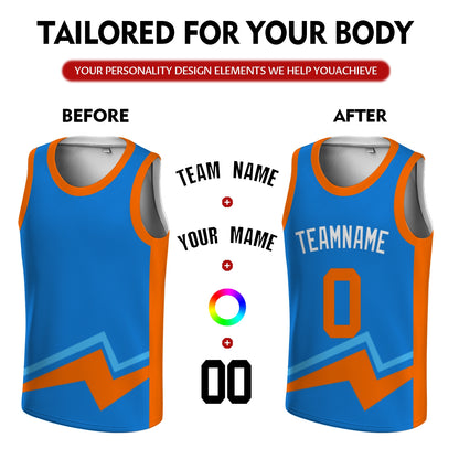 Custom Basketball Jersey - Personalized Blue Tank Top with Orange Bolt Graphic - Full Sublimation