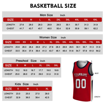 Custom Basketball Jersey - Personalized Red Tank Top with Navy & Gold Trim - Full Sublimation