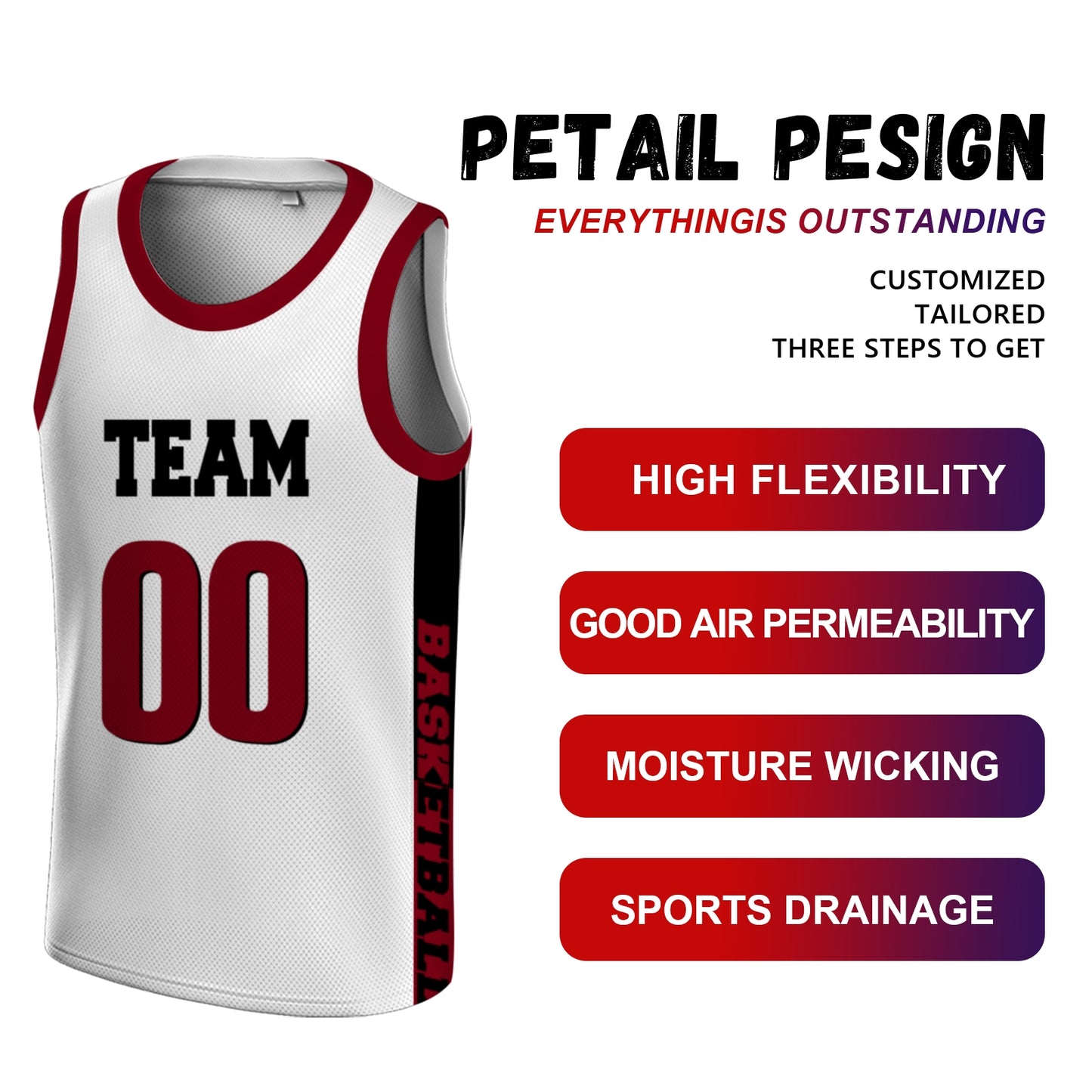Custom Basketball Jersey - Personalized White Tank Top with Maroon Trim - Full Sublimation