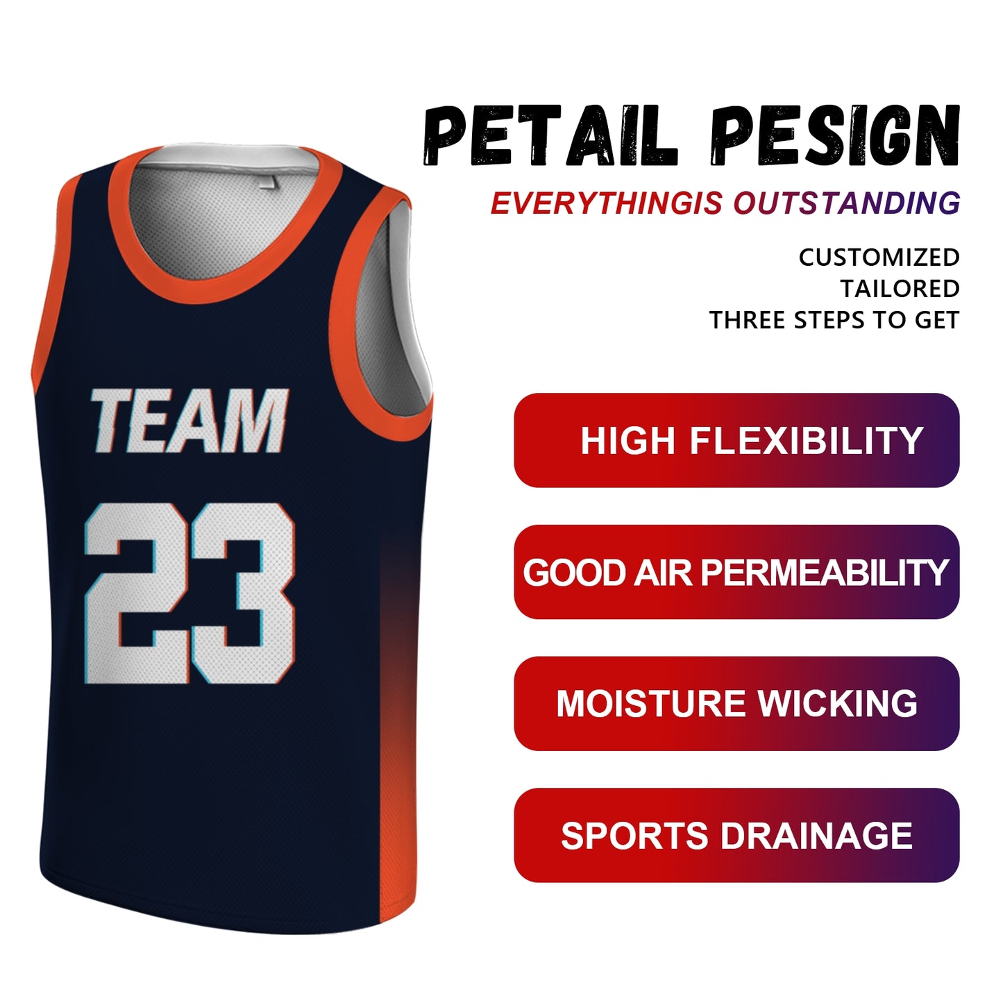 Custom Basketball Jersey - Personalized Navy Blue Tank Top with Orange Gradient - Full Sublimation
