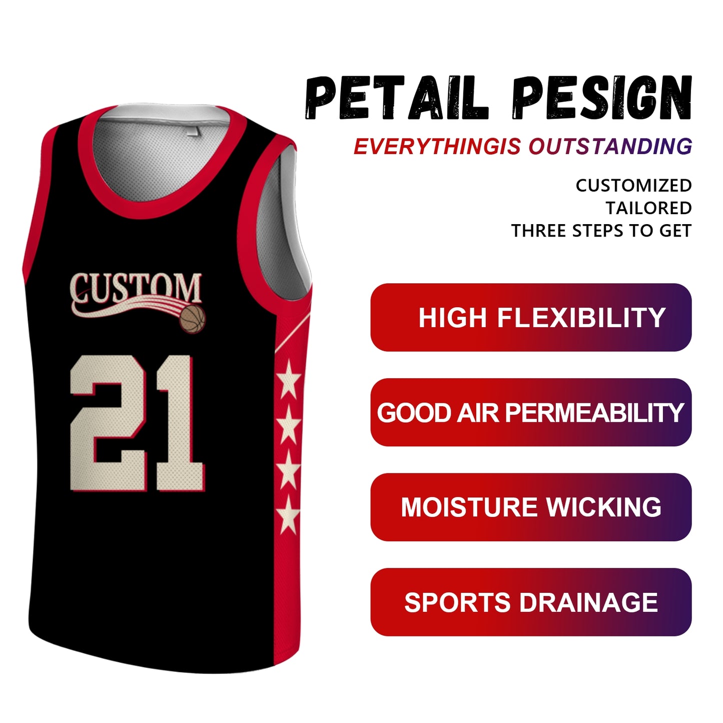Custom Basketball Jersey - Personalized Black Tank Top with Red Trim & Star Details - Full Sublimation