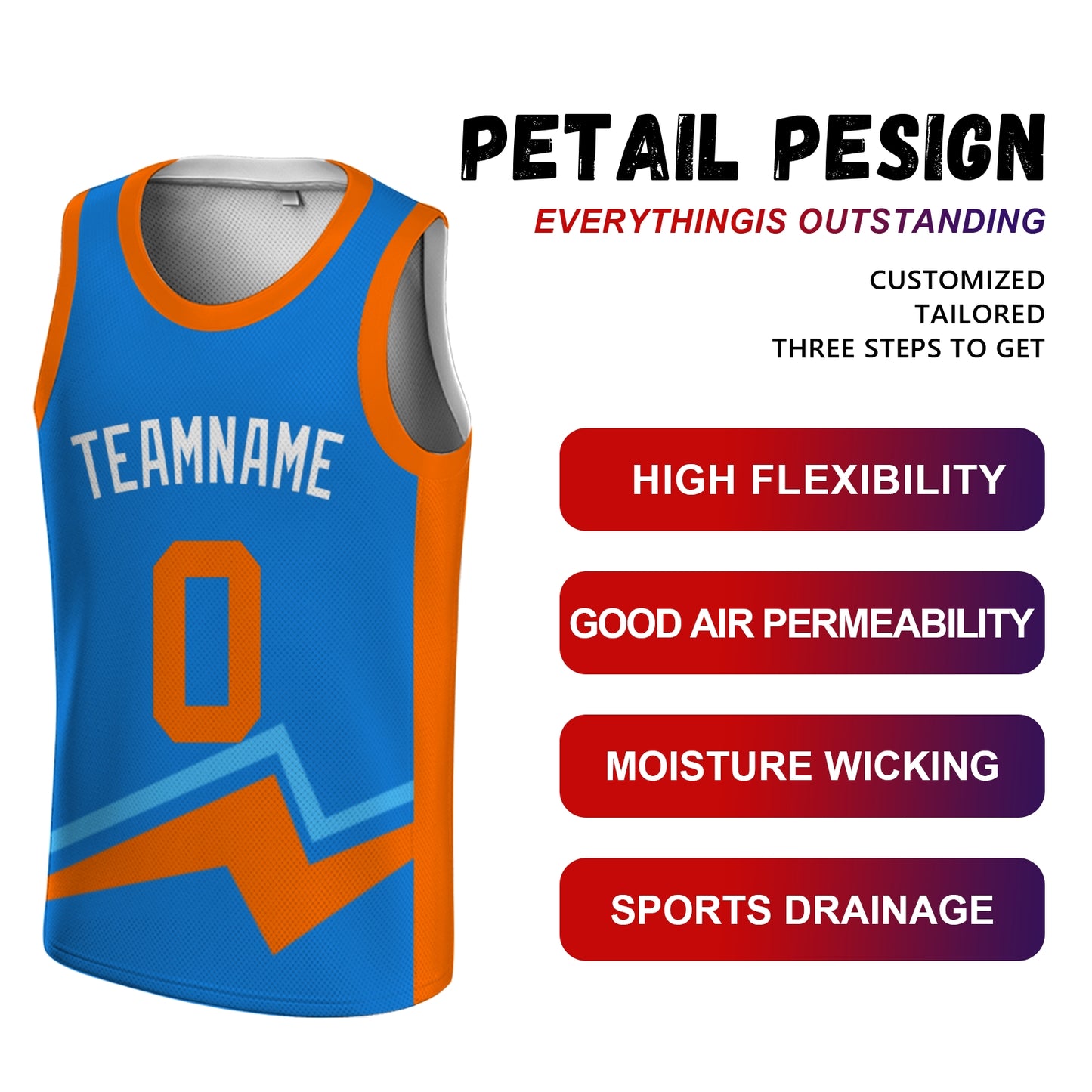 Custom Basketball Jersey - Personalized Blue Tank Top with Orange Bolt Graphic - Full Sublimation