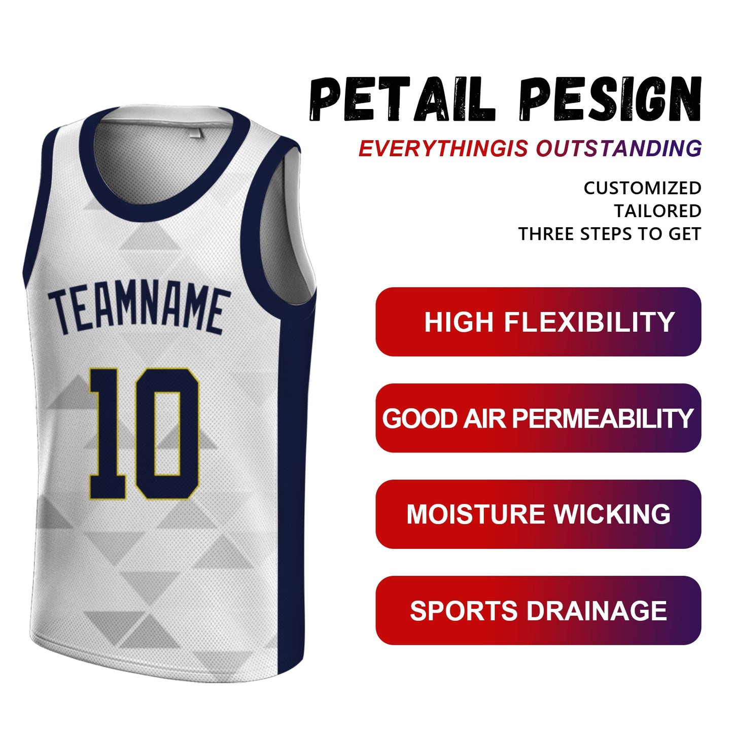 Custom Basketball Jersey - Personalized White Tank Top with Geometric Triangle Pattern - Full Sublimation