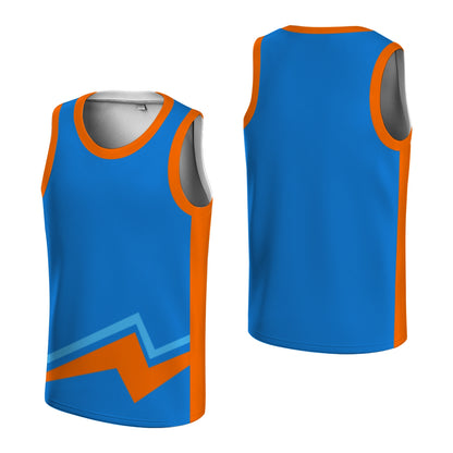 Custom Basketball Jersey - Personalized Blue Tank Top with Orange Bolt Graphic - Full Sublimation