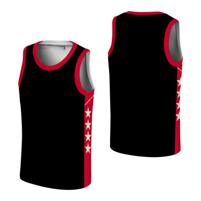 Custom Basketball Jersey - Personalized Black Tank Top with Red Trim & Star Details - Full Sublimation