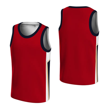 Custom Basketball Jersey - Personalized Red Tank Top with Navy & Gold Trim - Full Sublimation