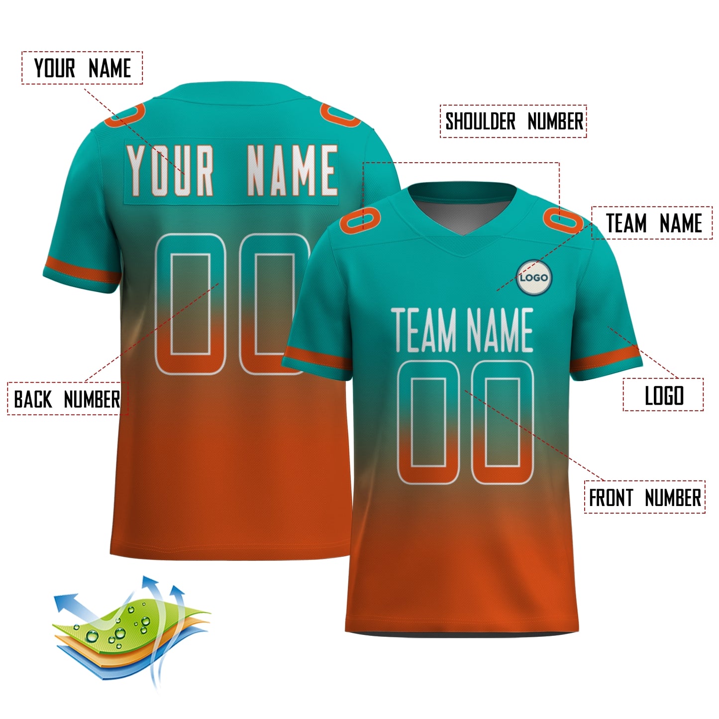 Custom Football Jersey - Teal & Orange Gradient Team Uniform - Full Sublimation