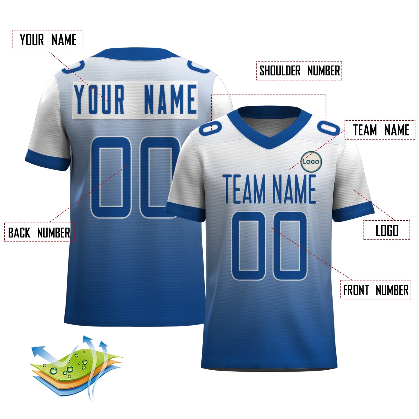 Custom Football Jersey - Personalized White to Blue Fade Design - Full Sublimation