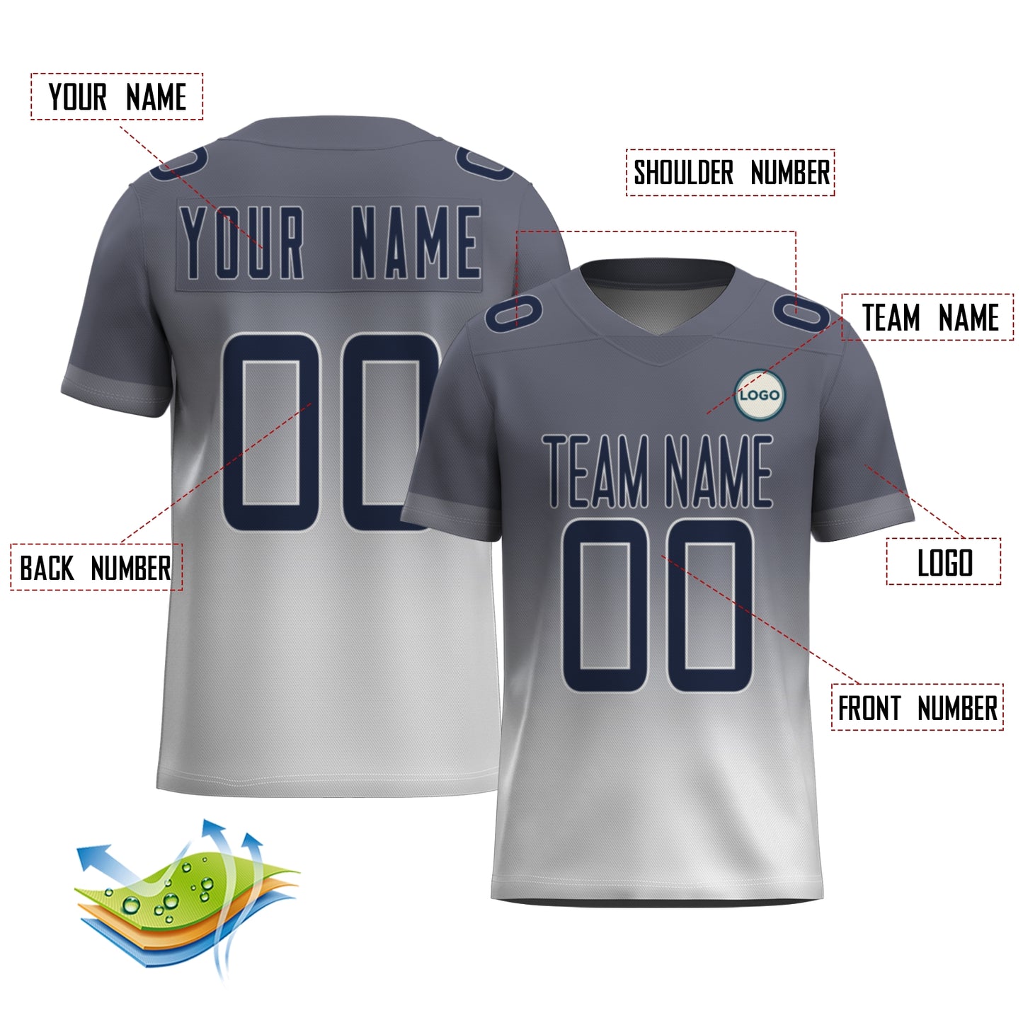 Custom Football Jersey - Personalized Grey to White Fade Design - Full Sublimation