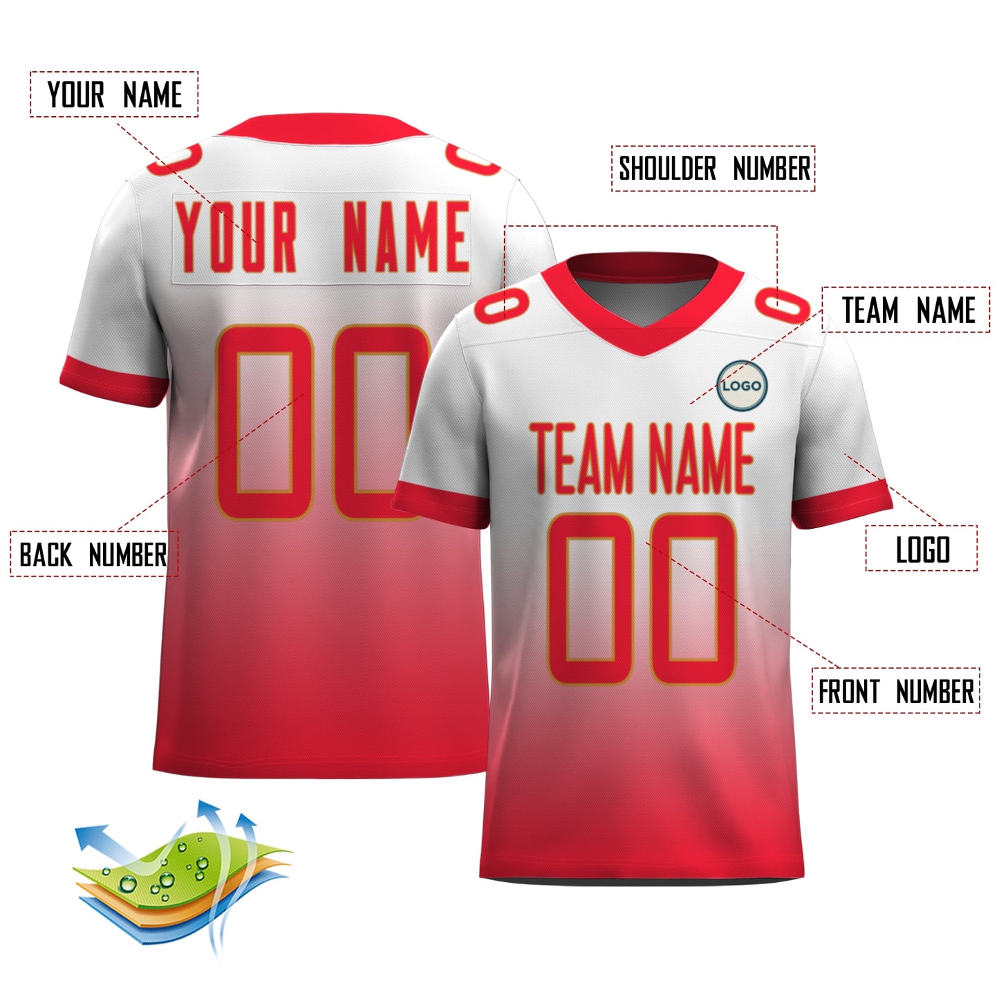 Custom Football Jersey - Personalized White to Red Fade Design - Full Sublimation