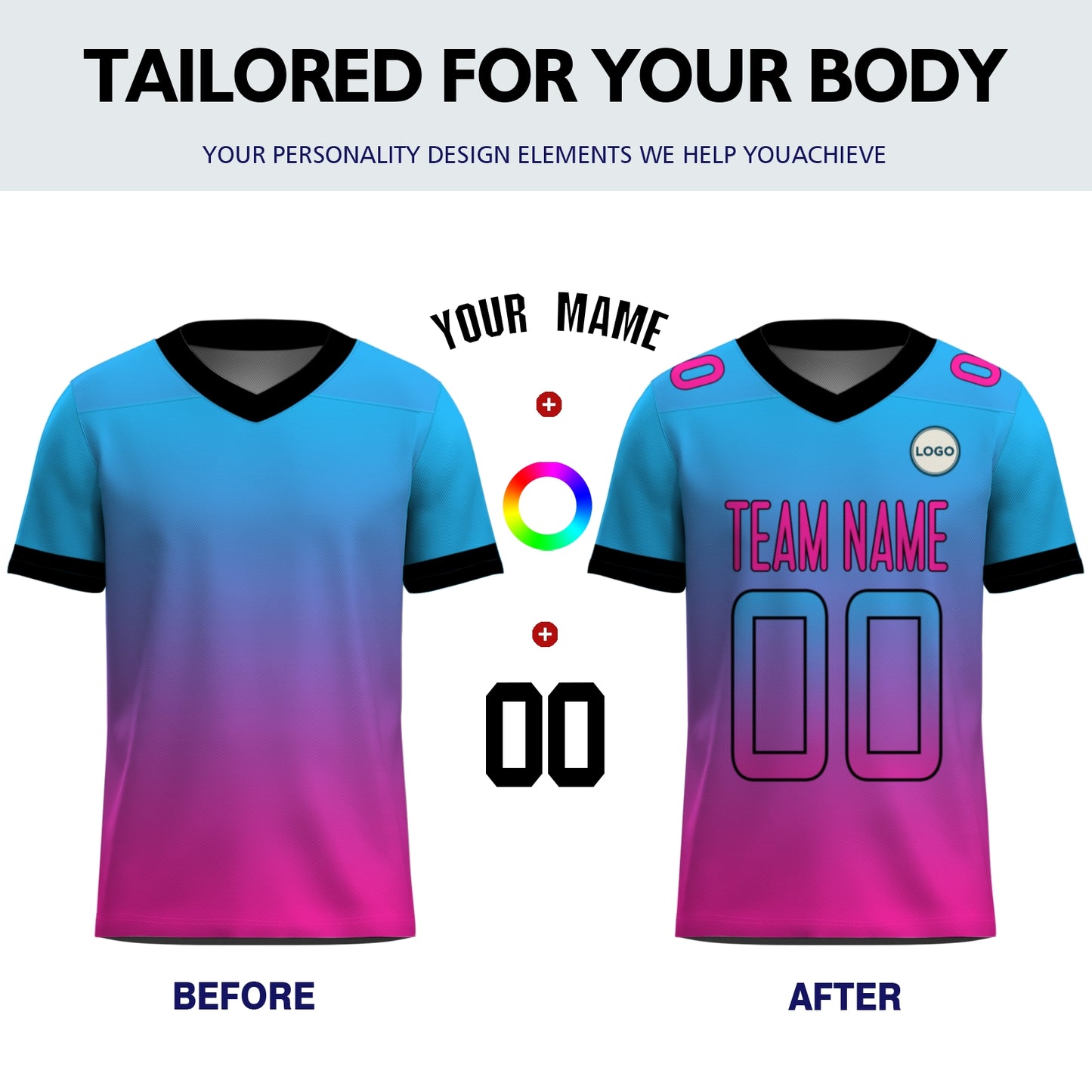 Custom Football Jersey - Personalized Blue & Pink Gradient Team Uniform - Full Sublimation
