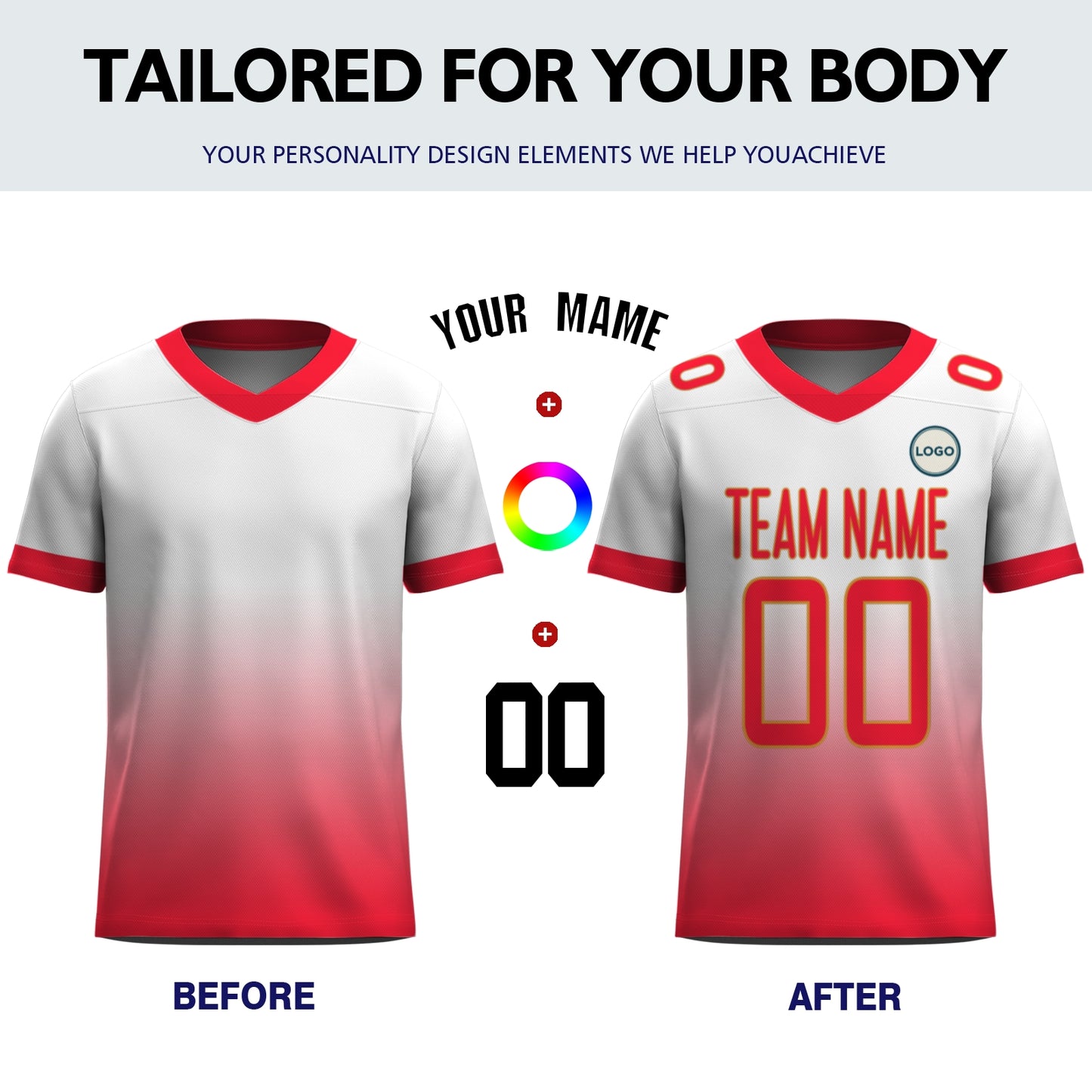 Custom Football Jersey - Personalized White to Red Fade Design - Full Sublimation