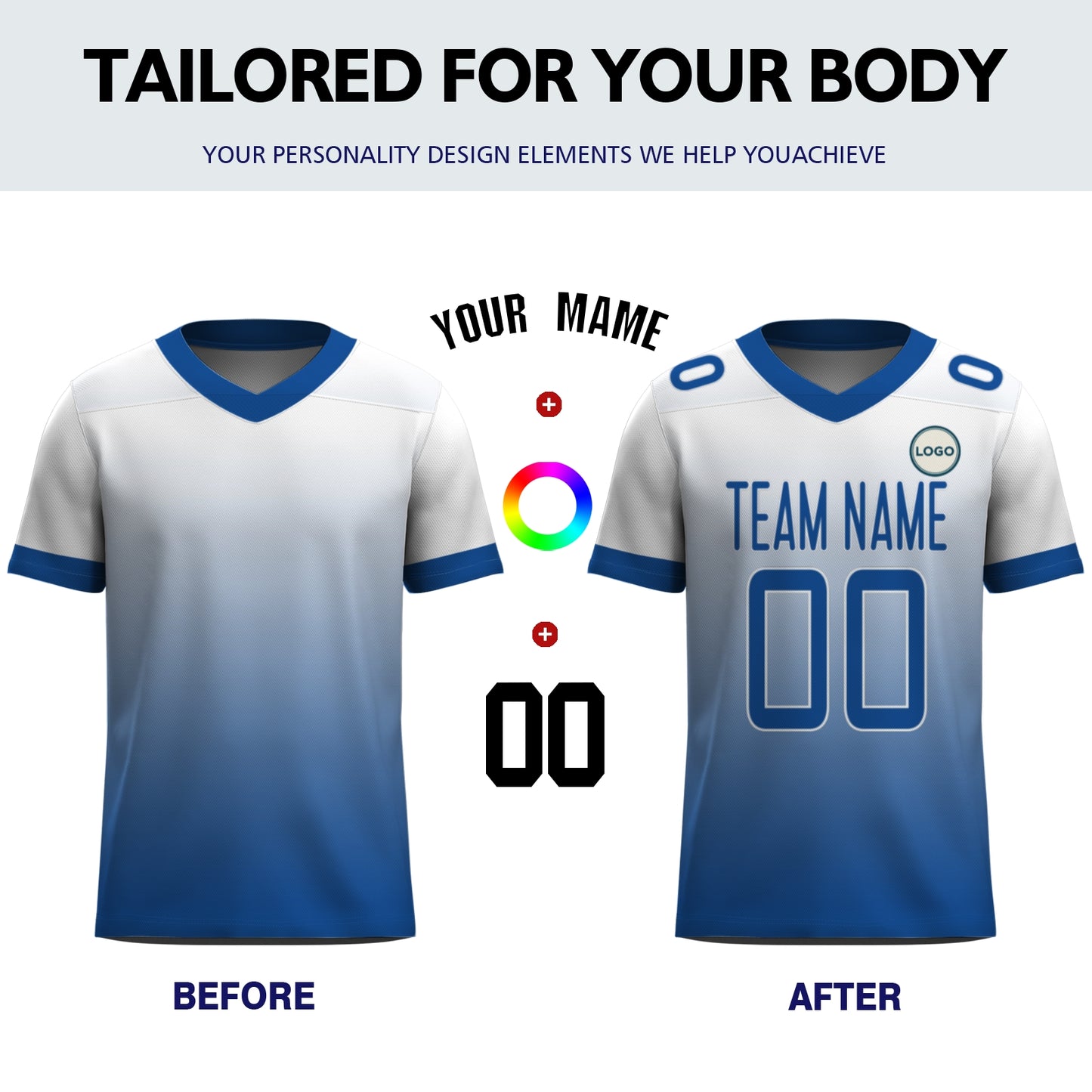 Custom Football Jersey - Personalized White to Blue Fade Design - Full Sublimation