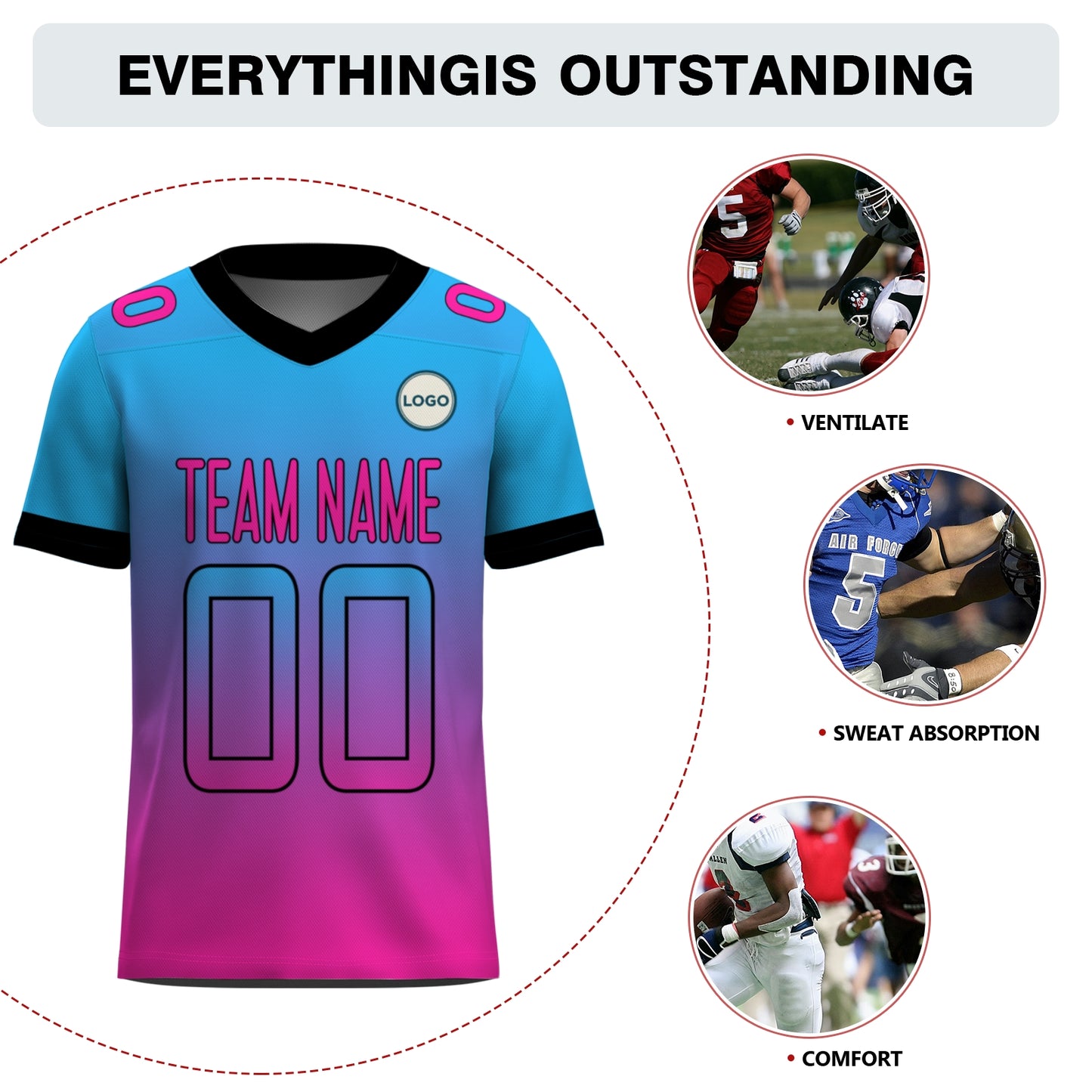 Custom Football Jersey - Personalized Blue & Pink Gradient Team Uniform - Full Sublimation