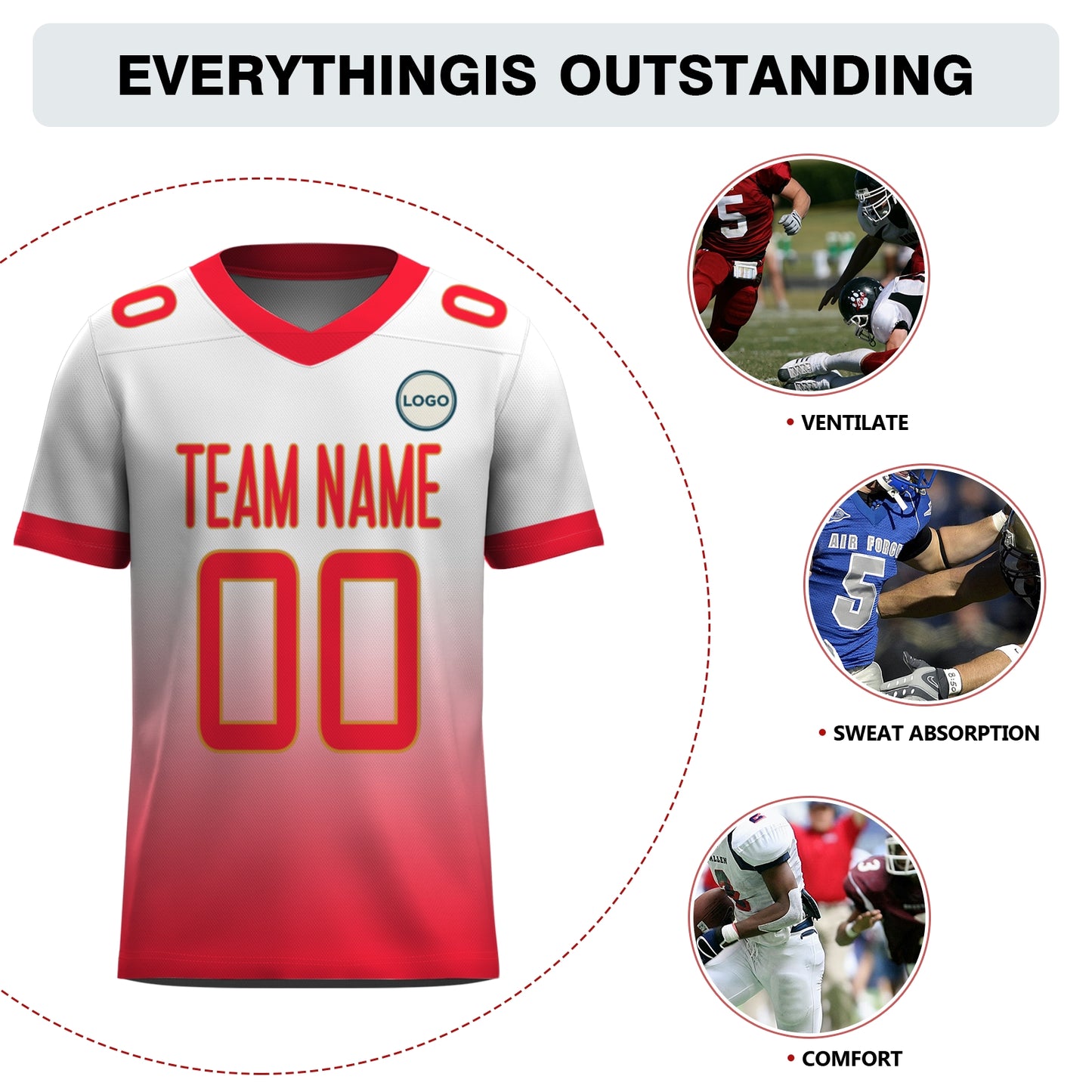 Custom Football Jersey - Personalized White to Red Fade Design - Full Sublimation