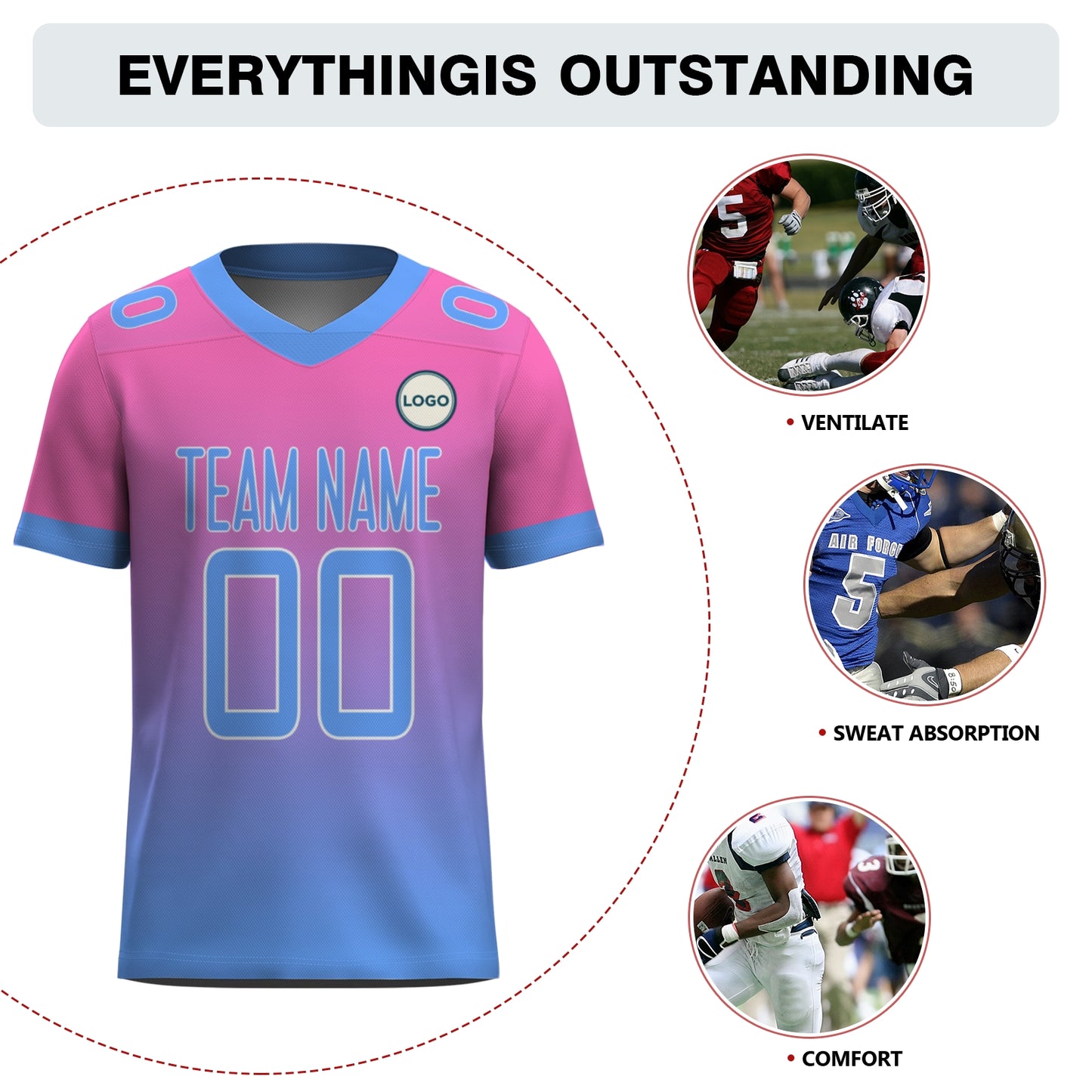 Custom Football Jersey - Personalized Pink to Blue Fade Design - Full Sublimation