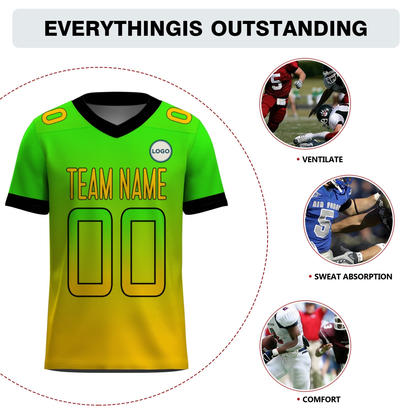 Custom Football Jersey - Personalized Gradient Design in Green & Yellow - Full Sublimation