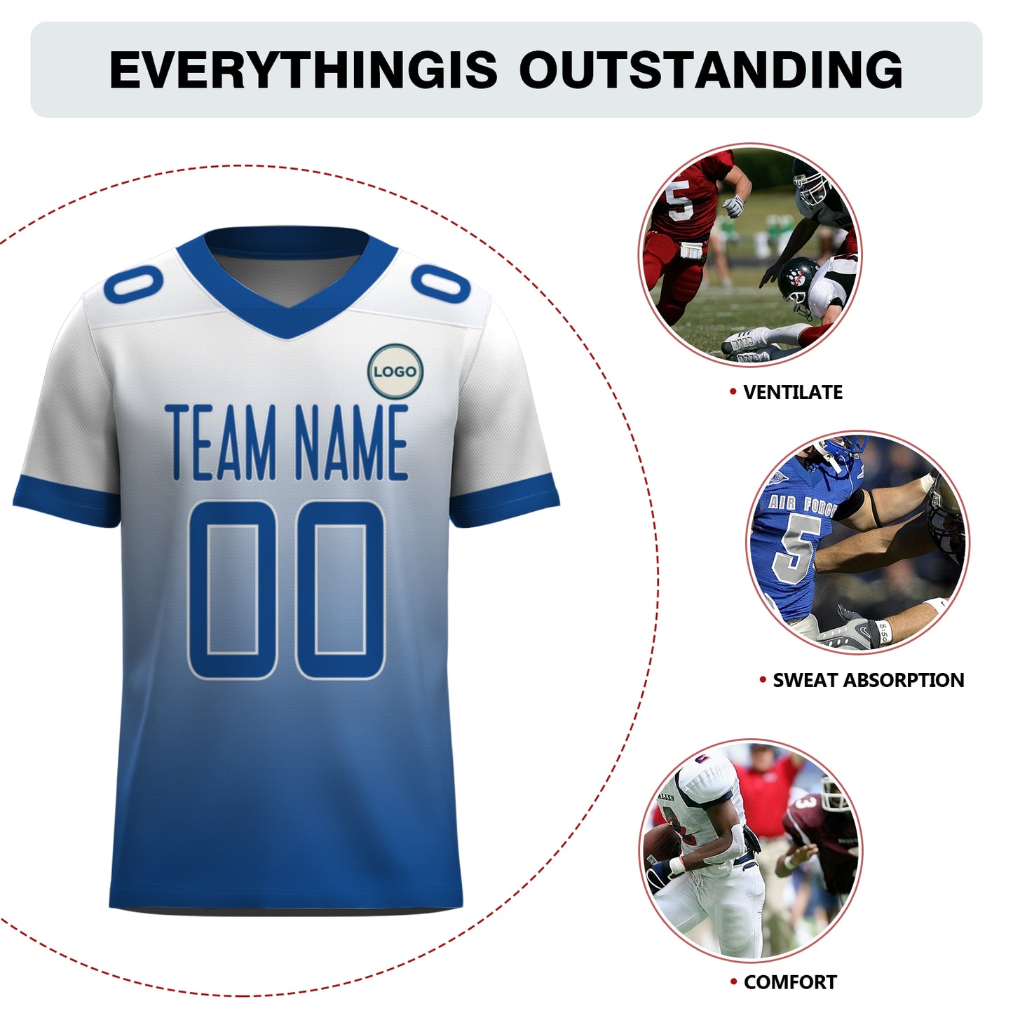 Custom Football Jersey - Personalized White to Blue Fade Design - Full Sublimation